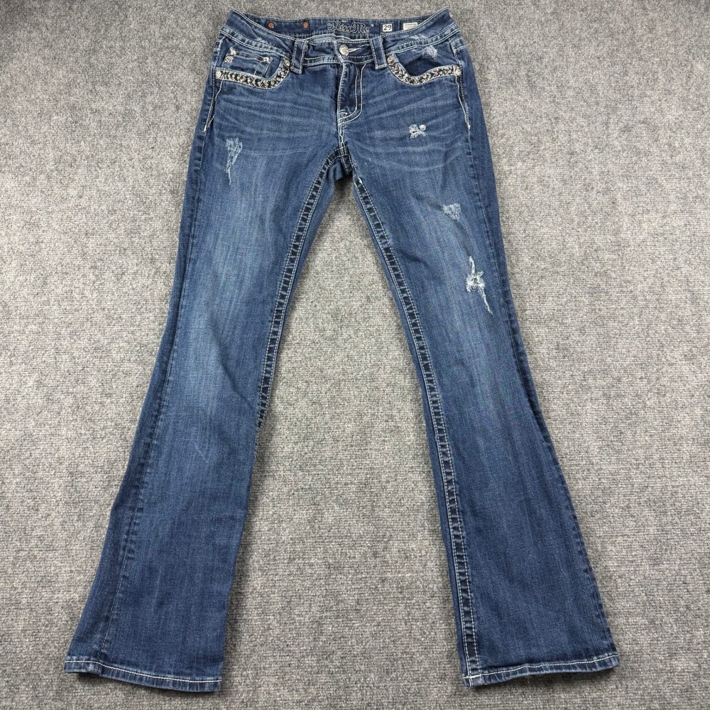 Miss Me Signature Boot Jeans‎ Womens 29 Blue Distressed Embellished Bootcut Flap